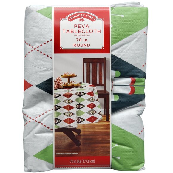 70" Round Vinyl Tablecloth Nutcracker Argyle Christmas Peva Holiday Time - Picture 1 of 6
